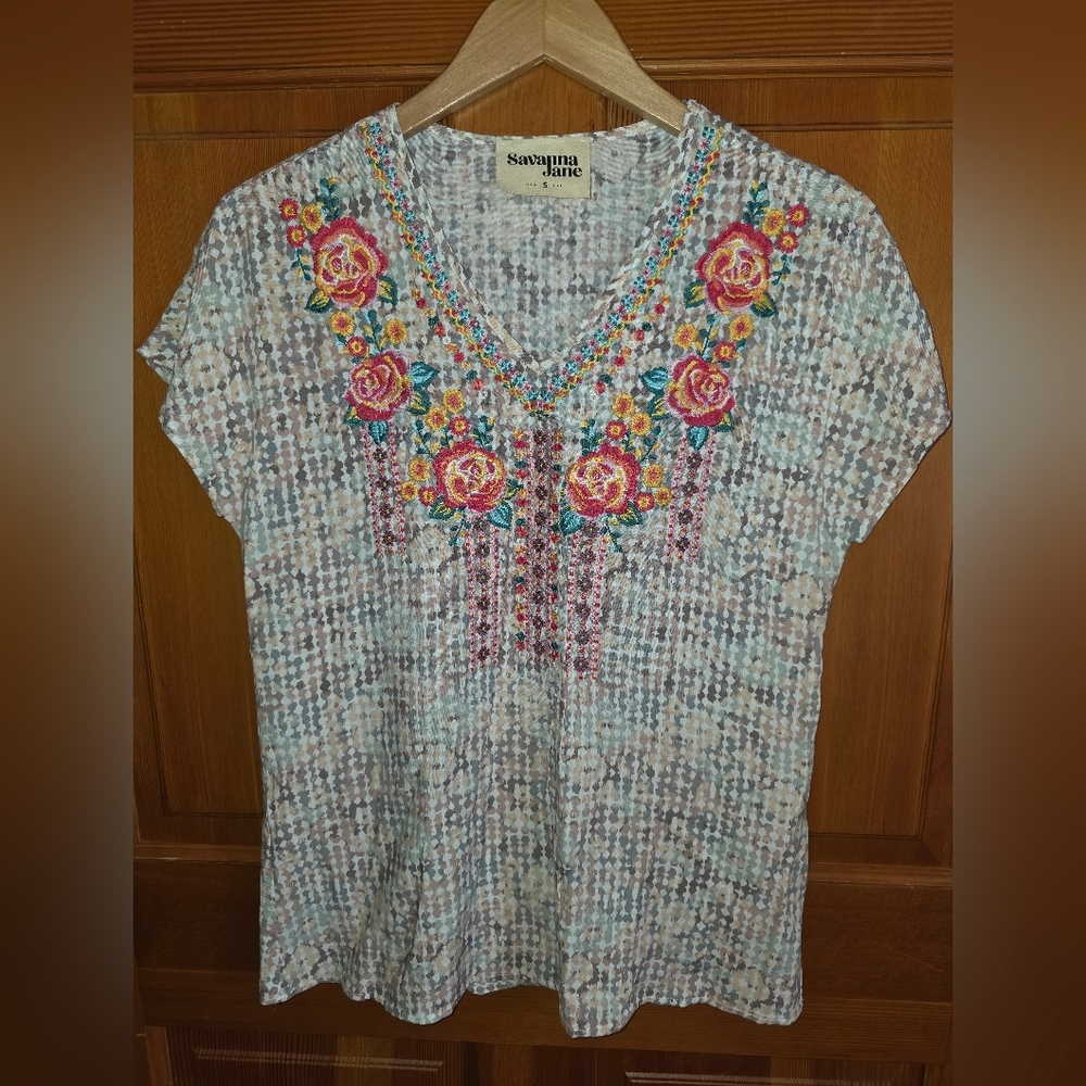 Savanna Jane V-Neck Floral Embroidered Blouse - Pink and Yellow
